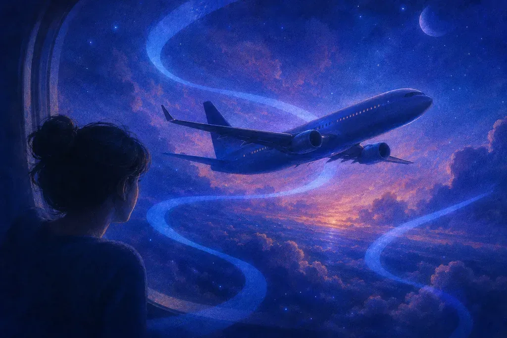 A dream of a woman gazing at an airplane soaring in a starry, cloudy, blue night sky.