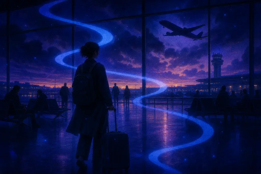 A dream of a person with luggage looking out an airport window at night, with a glowing blue line.