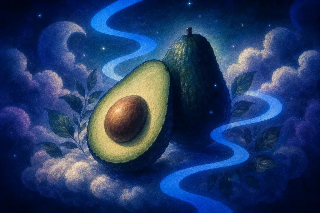 A dream of two avocados, one halved, under a starry night sky with blue glowing paths and clouds.