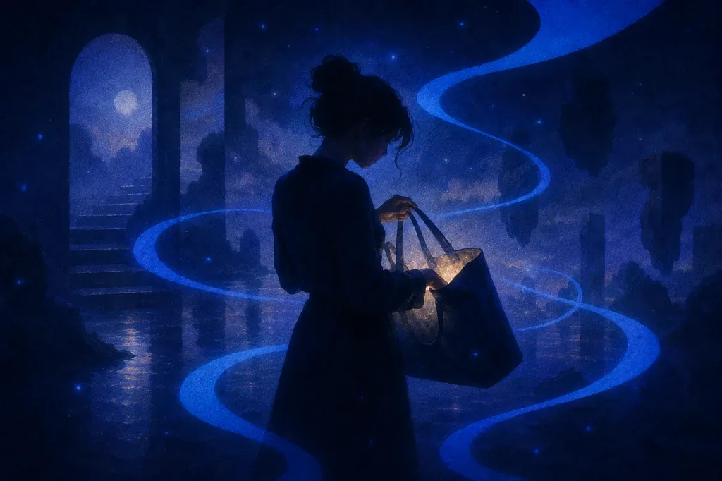 A dream of a woman looking into a glowing bag in a dark blue ethereal landscape.
