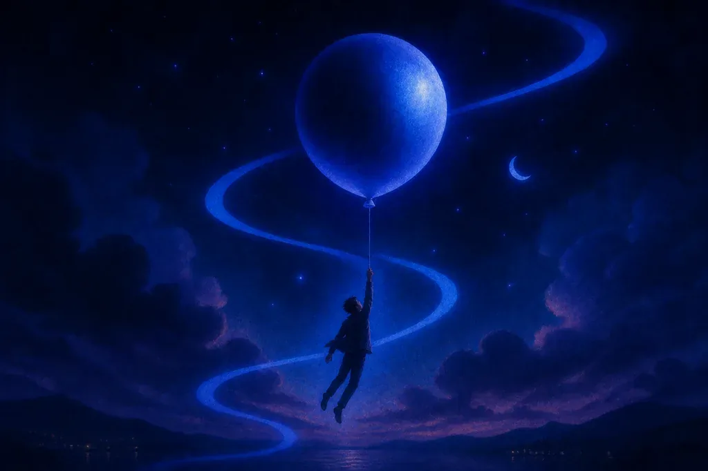 Ein Traum von einer Person, die einen großen blauen Ballon hält, schwebend in einem dunklen Sternenhimmel.