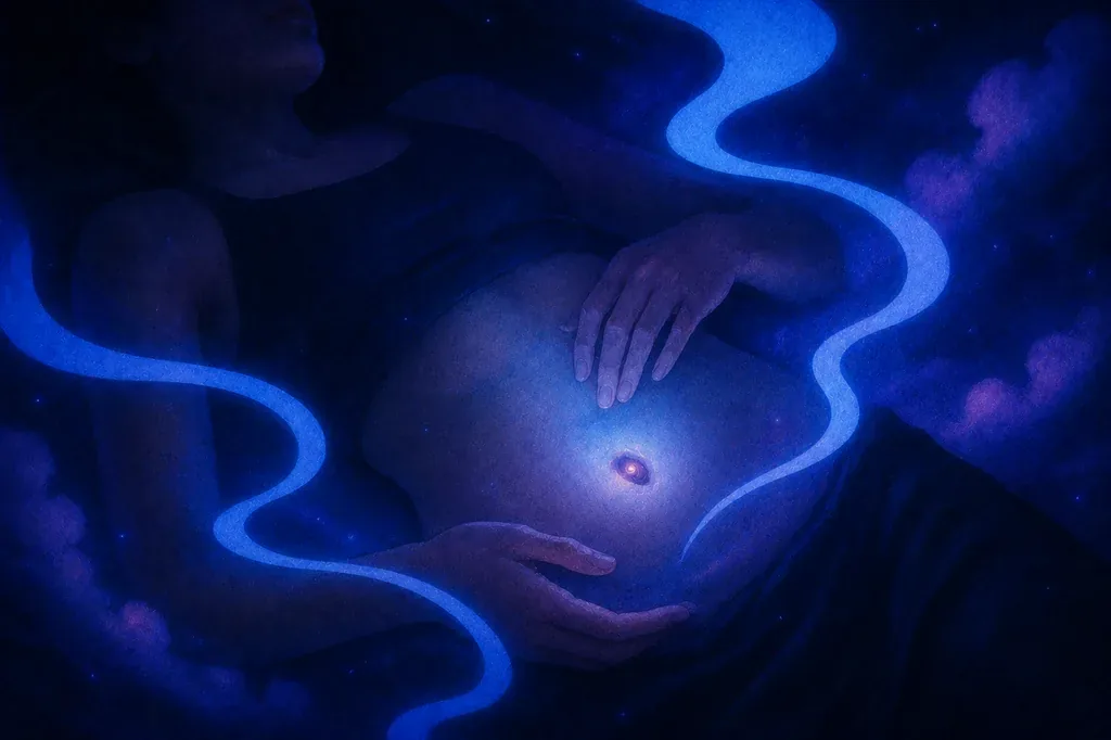 A dream of a person lying, hands on a glowing belly with a cosmic navel, blue light and stars.