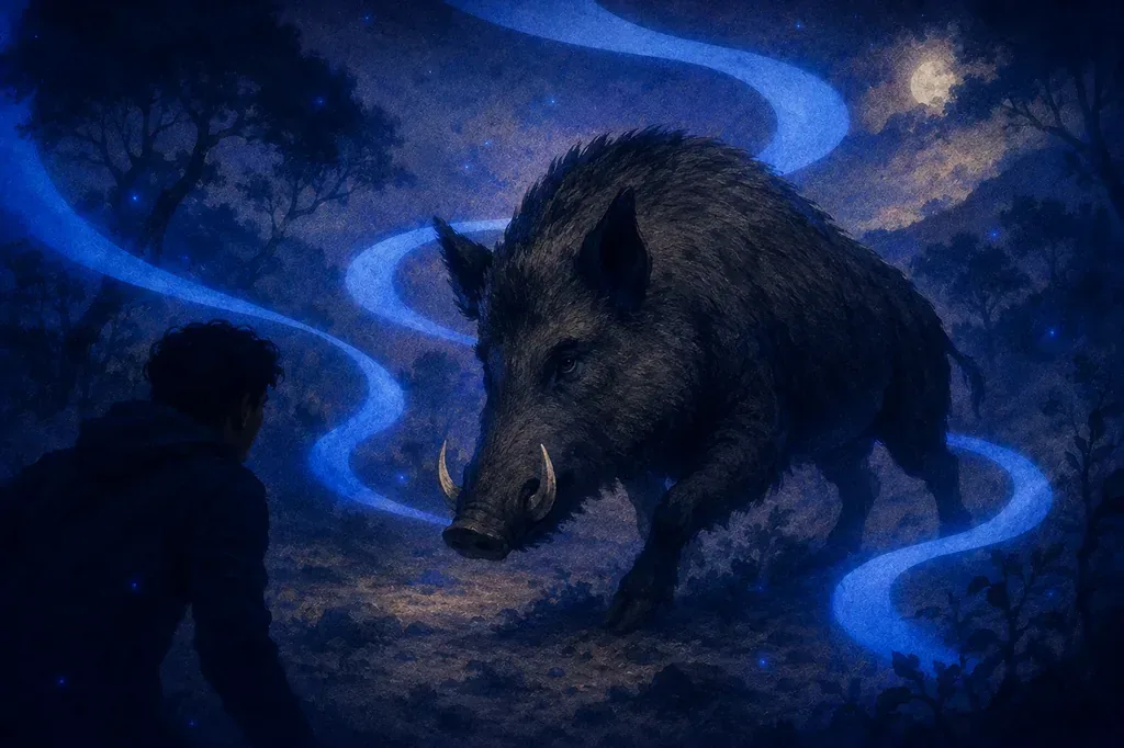 A dream of a large boar facing a person in a dark forest with glowing blue light trails.