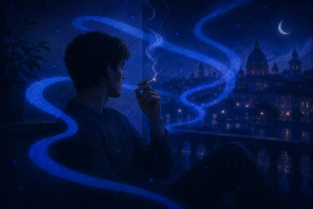 A dream of a man smoking a cigarette on a dark balcony overlooking a blue city at night.
