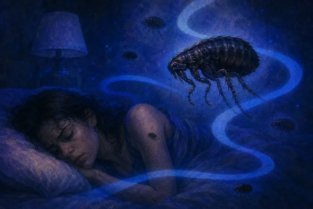 A dream of a woman sleeping in a dark blue room with glowing fleas and blue trails.