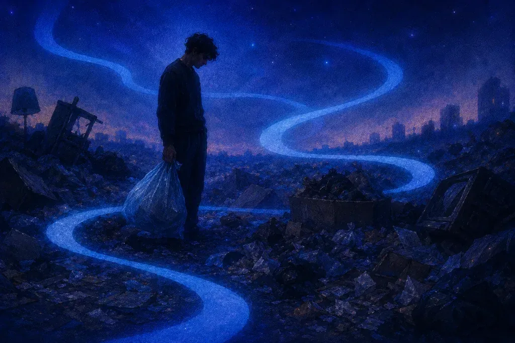 A dream of a man standing in a dark, ruined city holding a trash bag, with glowing blue lines.