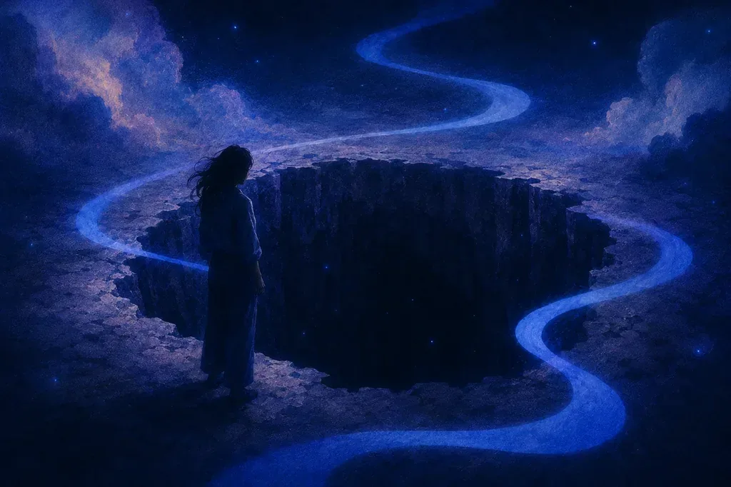 A dream of a person standing by a deep hole, illuminated by glowing blue lines under a starry sky.