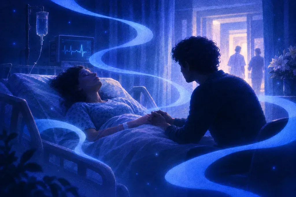 A dream of a woman in a hospital bed, a man holding her hand, in blue light with glowing lines.