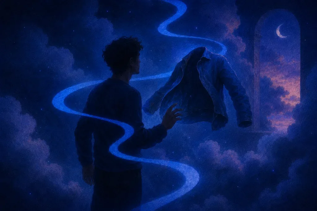 A dream of a man reaching for a floating jacket on a glowing blue path in a dark, starry night.