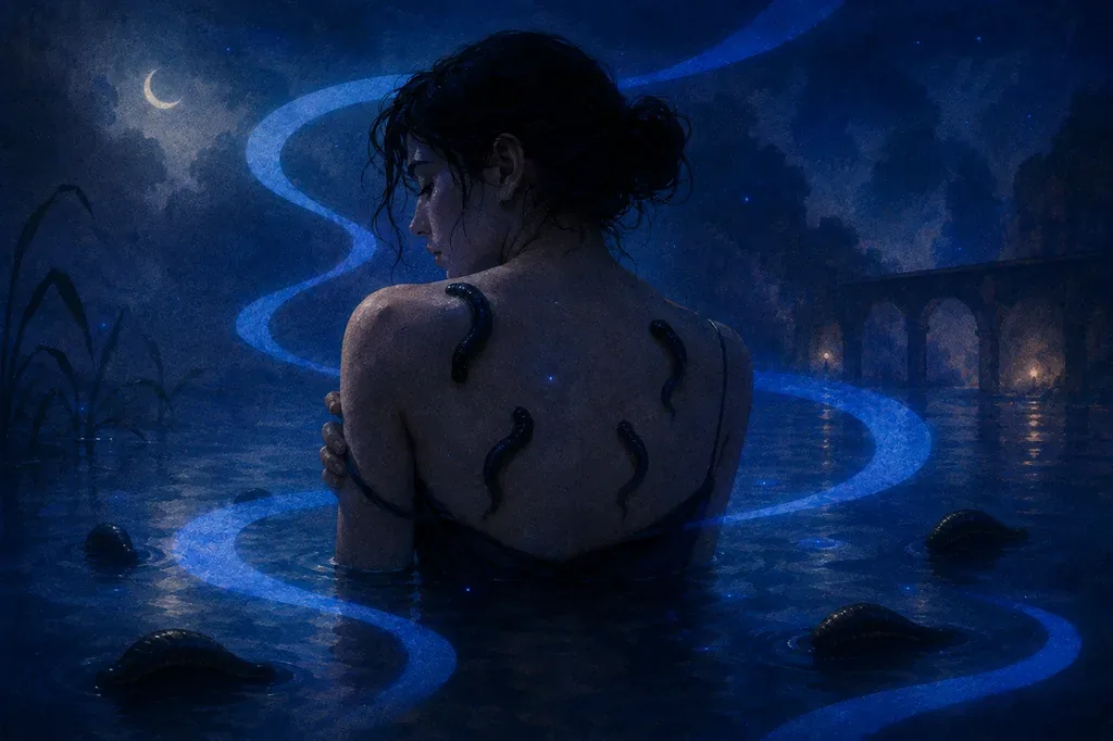 A dream of a woman in dark water with leeches on her back, under a crescent moon and blue light.