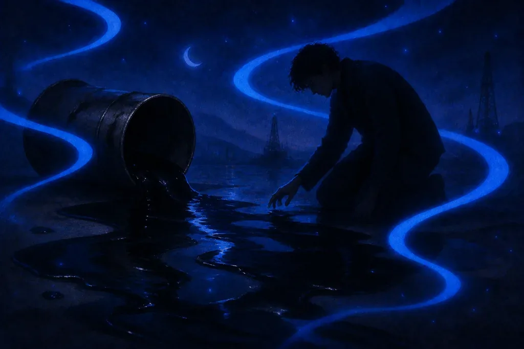 A dream of a man kneeling, touching spilled dark oil under a blue night sky, glowing.