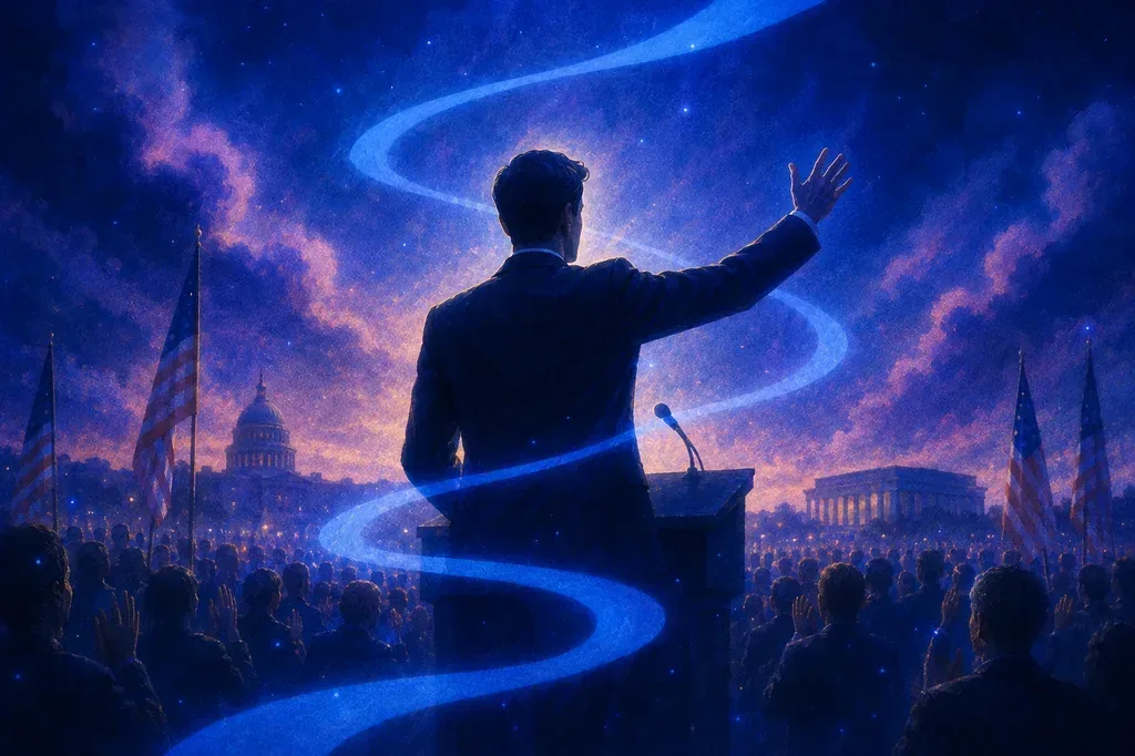 A dream of a man at a podium, hand raised, addressing a crowd under a starry blue sky.