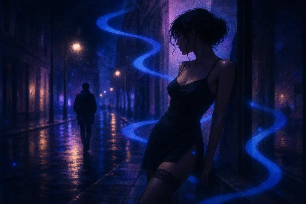 A dream of a woman leaning on a wall and a man walking on a dark, rainy city street with blue light.