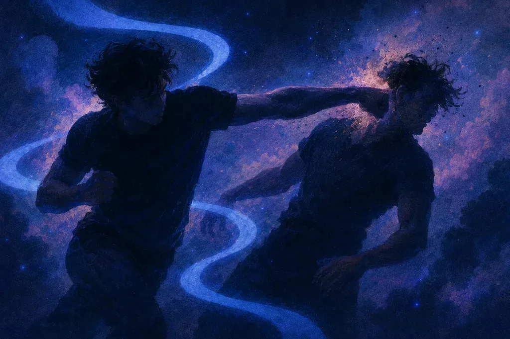 A dream of punching as a powerful strike shatters light in a dark void.