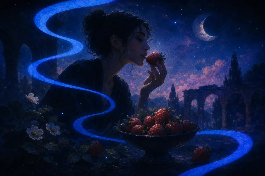 A dream of a woman smelling a strawberry at night under a crescent moon with glowing blue ribbons.