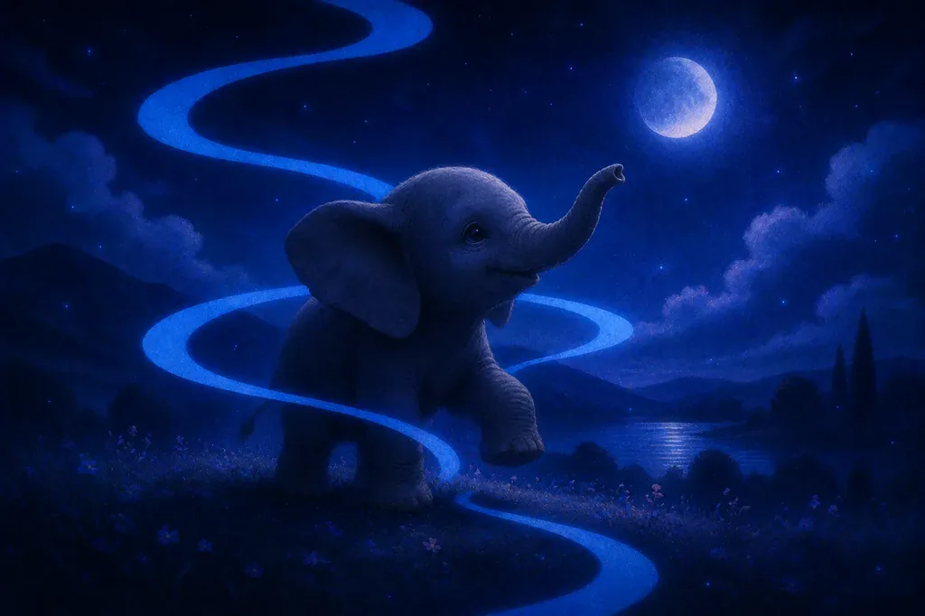 Ein Traum von einem Babyelefanten, der nachts auf einem leuchtend blauen Pfad unter einem Vollmond geht.