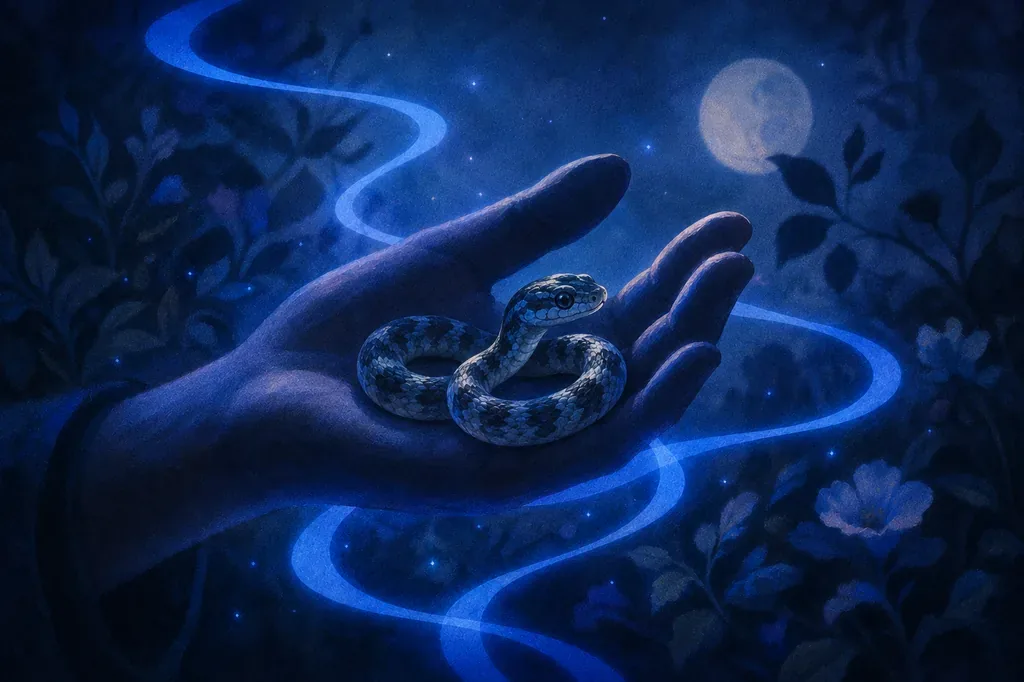 Ein Traum von einer kleinen Schlange in einer Hand, leuchtende blaue Linien, mondbeschienener dunkler Wald.