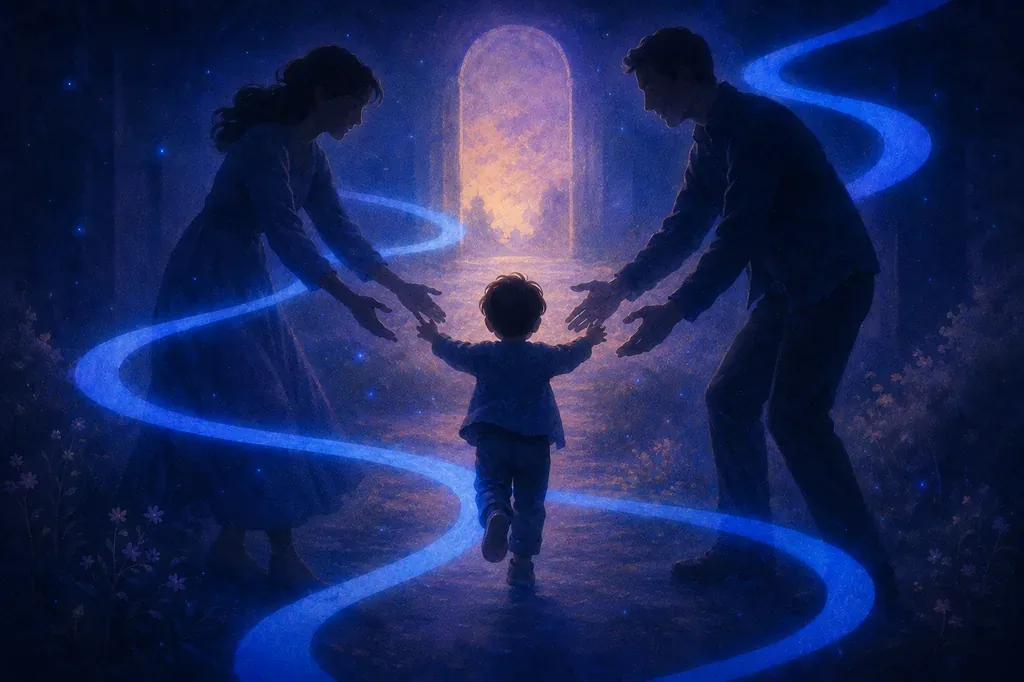 A dream of a child reaching for parents in a dark, mystical setting with glowing blue light.
