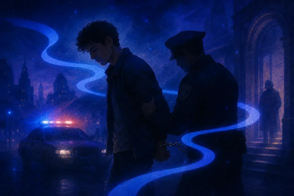 A dream of a young man handcuffed by a police officer on a dark city street with blue lights.