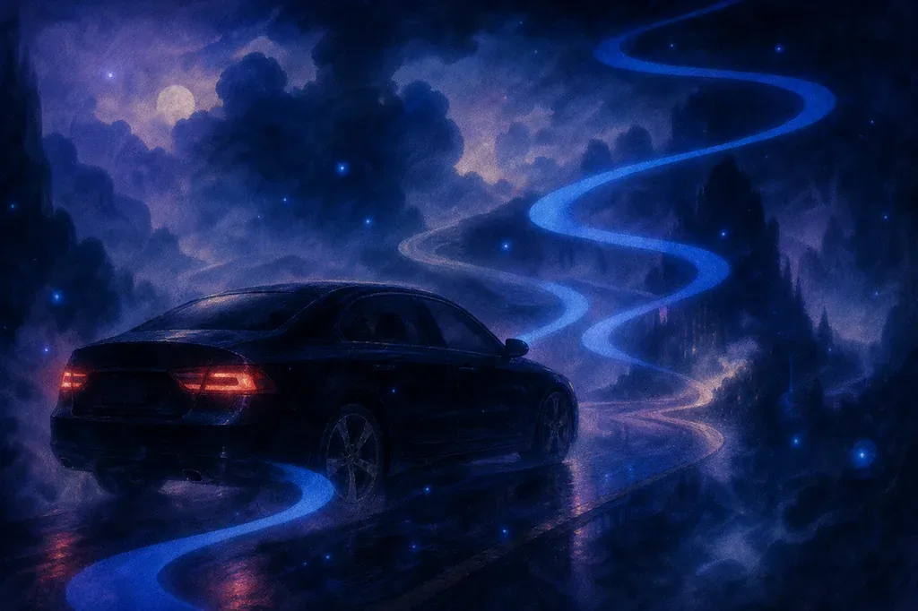 A dream of a black car driving on a glowing blue path under a moonlit, starry night.