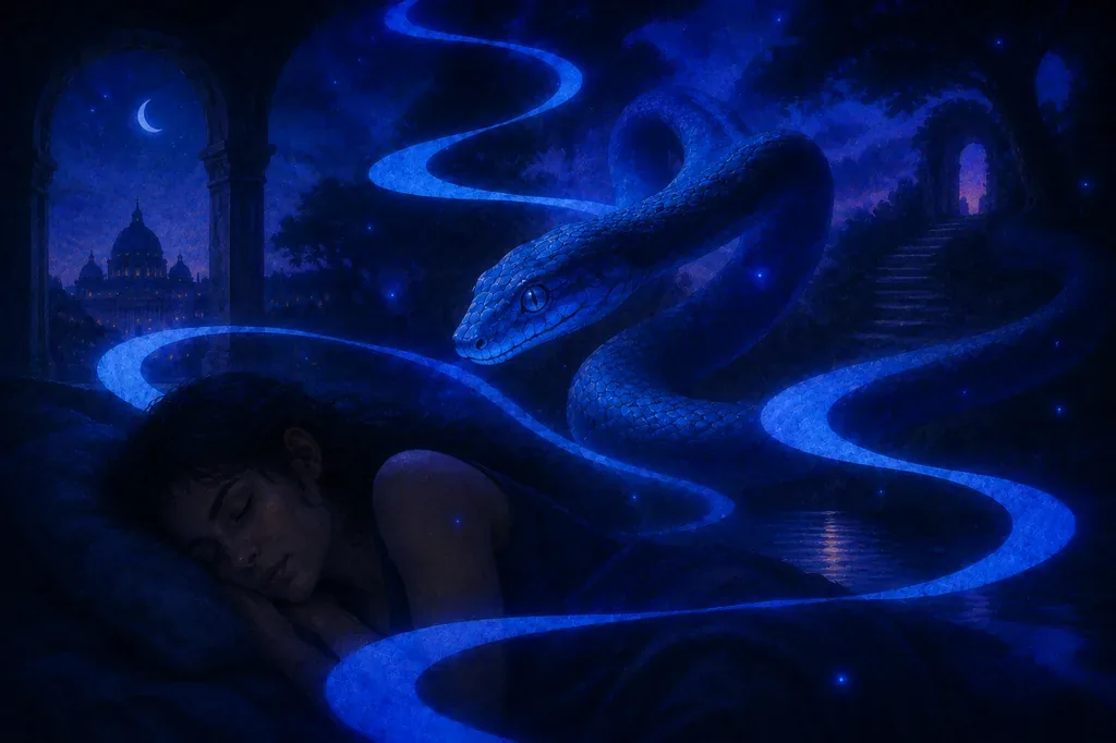 A dream of a sleeping woman, a large blue snake, and a moonlit city at night.
