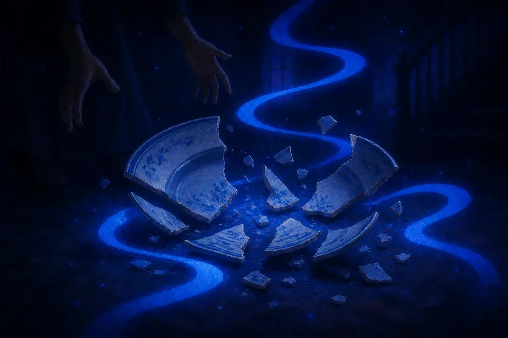 A dream of a broken plate shattered on a table with glowing blue cracks.