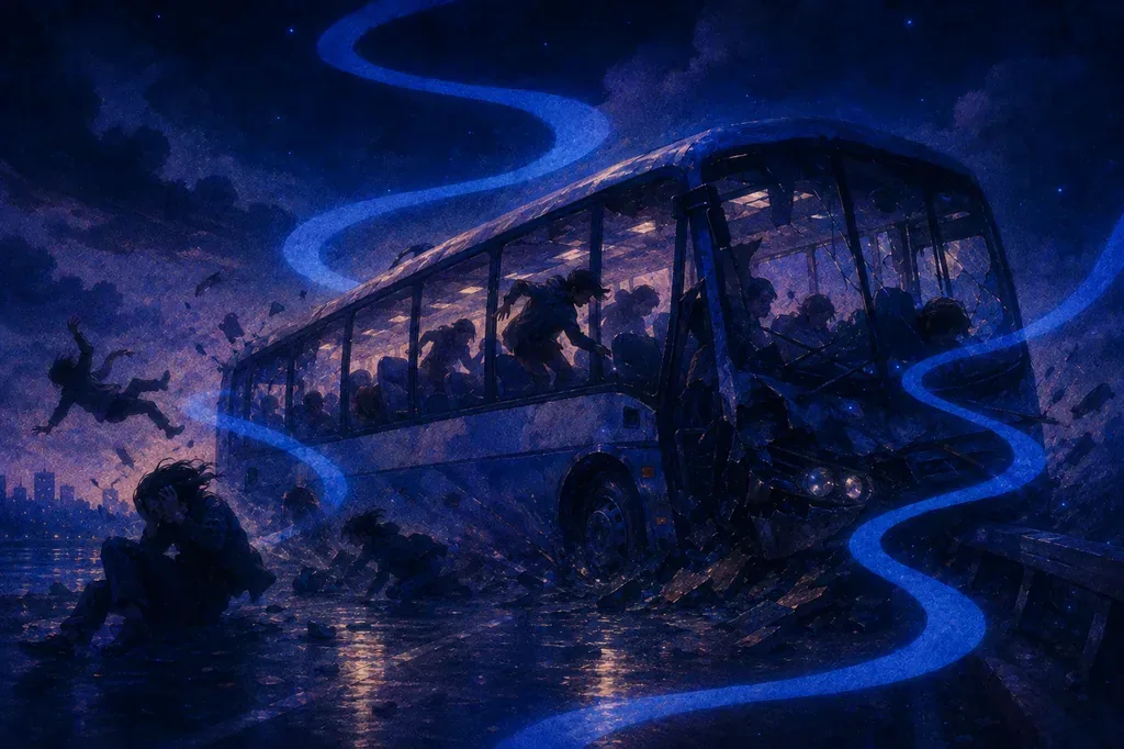 Ein Traum von einem Bus, der nachts verunglückt, Menschen fallen heraus, mit blauem Licht und Stadtsilhouette.