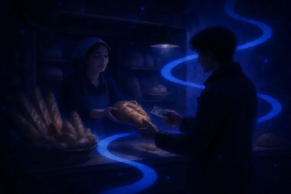 A dream of a woman selling bread to a man in a dark, glowing blue bakery with baguettes.