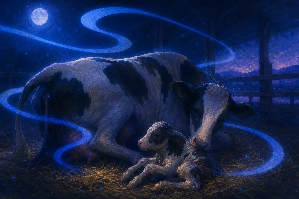 Ein Traum von schwarz-weißer Kuh und Kalb auf Heu unter Vollmond und blauem Licht.