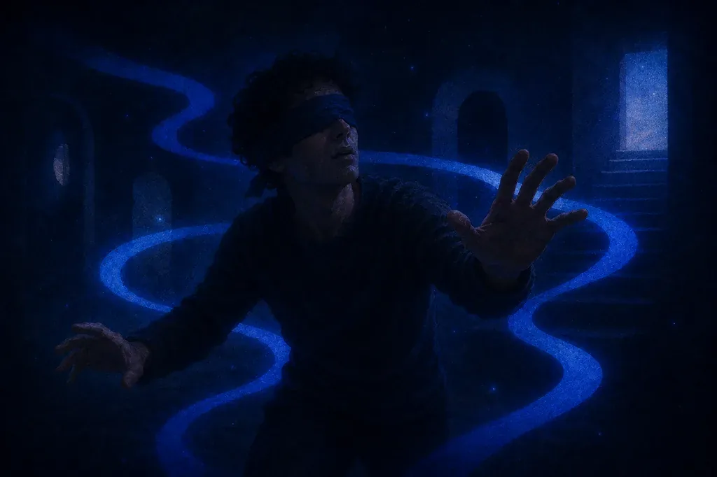 A dream of a blindfolded man groping in a dark blue room with glowing lines and arches.