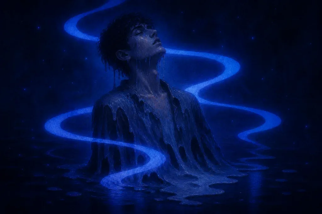 A dream of a person melting into glowing liquid light in a serene room.