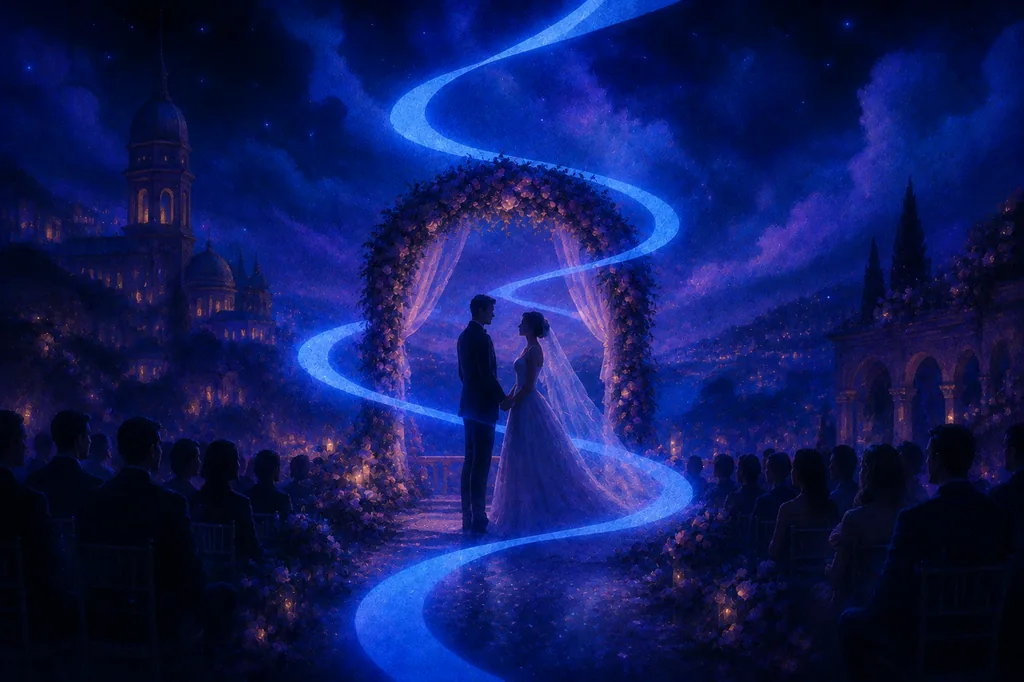 A dream of a couple holding hands at a glowing blue night wedding ceremony with guests.