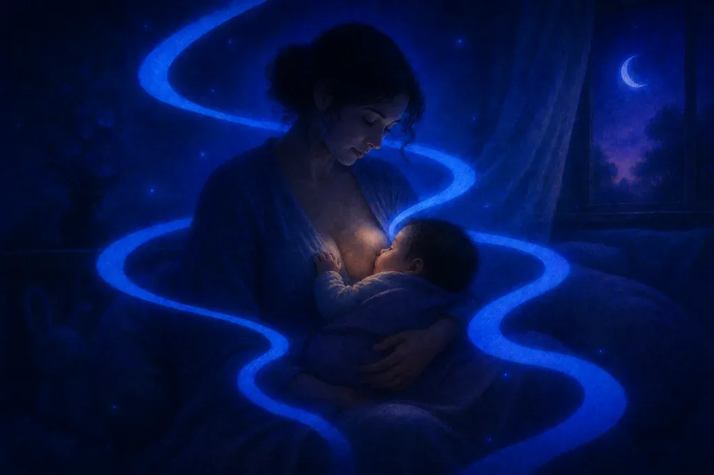 A dream of a woman breastfeeding a baby in a dark room with glowing blue lines and a crescent moon.