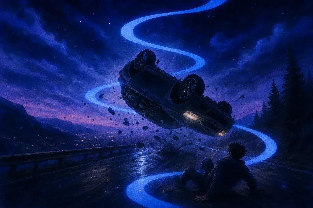 A dream of a car flipping over on a dark road with glowing blue light trails.