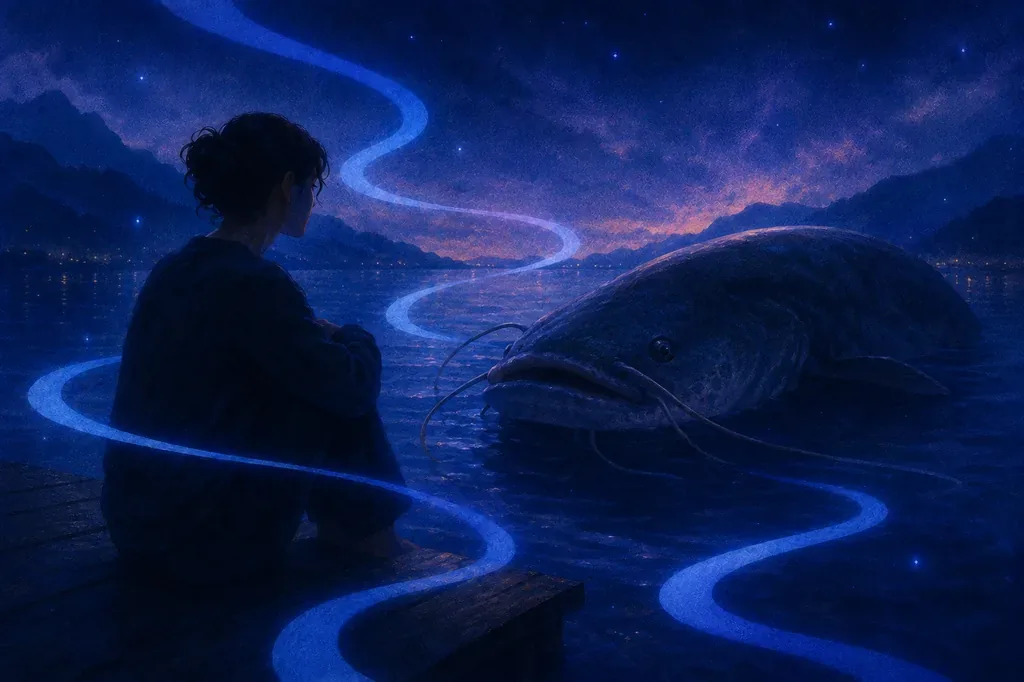 A dream of a person on a dock gazing at a giant catfish in a mystical blue night lake with glowing trails.