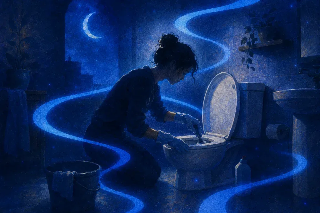 A dream of a person kneeling, cleaning a toilet in a dark, blue-lit bathroom with a moon.