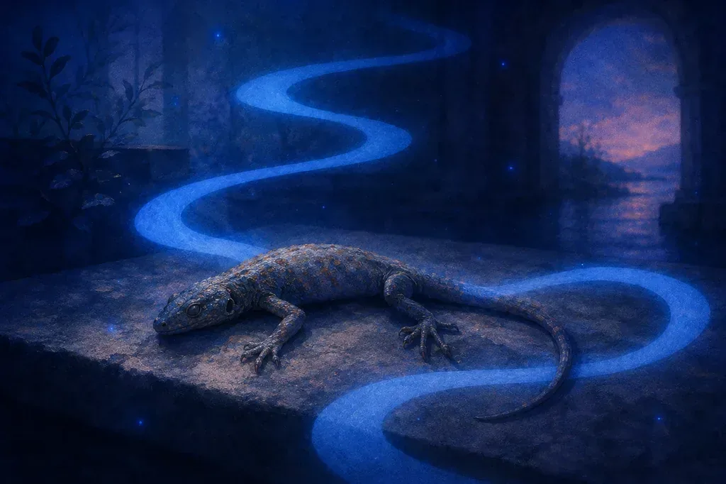 A dream of a lizard lying on a dark stone surface with a glowing blue path and archway.