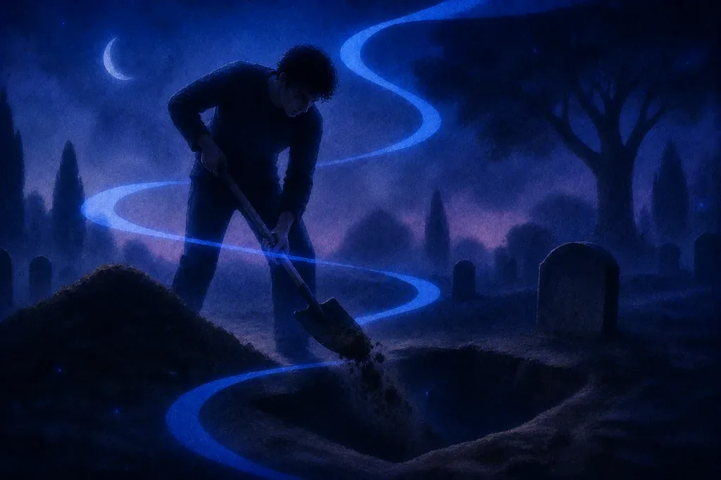 A dream of a man digging a grave in a misty cemetery under the moonlight.