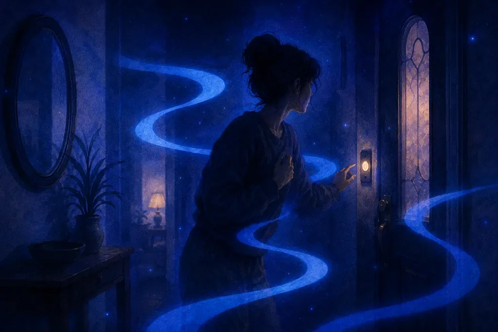 A dream of a woman approaching a glowing doorway as a doorbell rings.