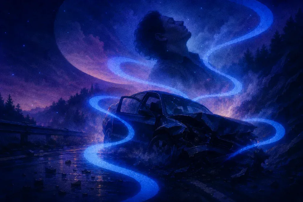 Ein Traum vom Geist eines Mannes, der ein verunfalltes Auto mit blauer Energie unter einem sternenklaren Himmel verlässt.