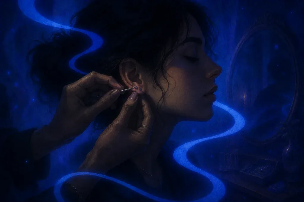 Een droom over een vrouw die haar oor laat piercen in een donkerblauwe, gloeiende omgeving.