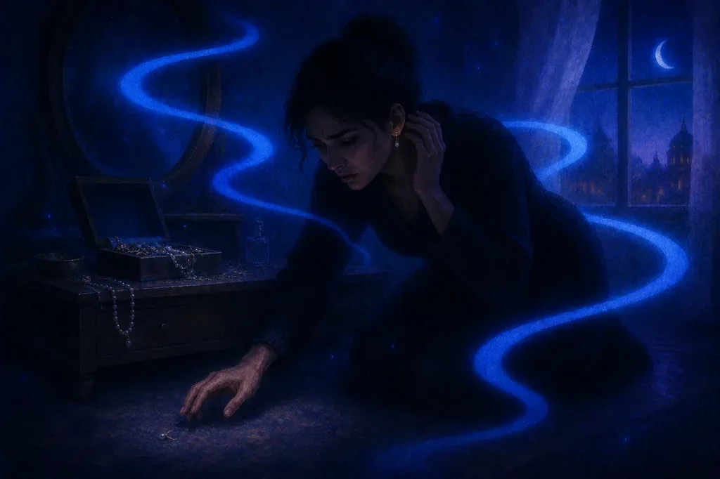 A dream of a woman kneeling, reaching for a lost earring on a dark floor, with blue glowing lines.