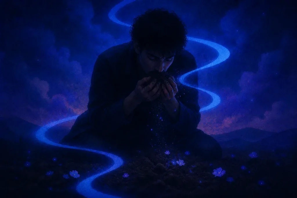 A dream of a person eating dirt as glowing flowers sprout from the soil.