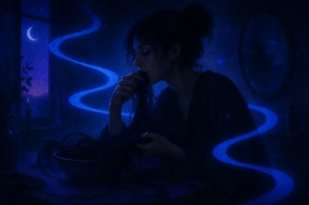 A dream of a woman eating her long dark hair in a dark, blue-lit room with a crescent moon.