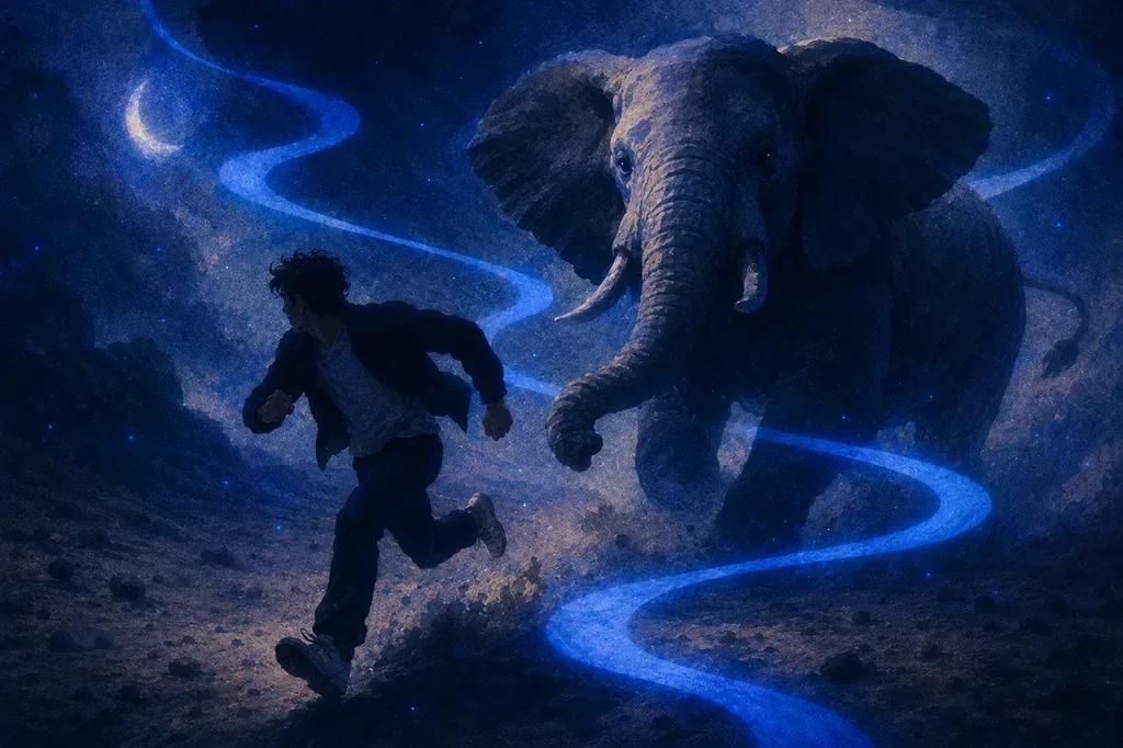 A dream of a massive elephant chasing a person through a misty forest at night.