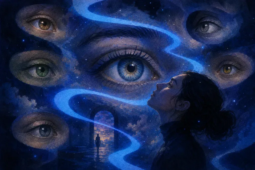 Ein Traum von einer Frau, die auf ein riesiges blaues Auge blickt, umgeben von Augen, leuchtenden Linien und Sternenhimmel.