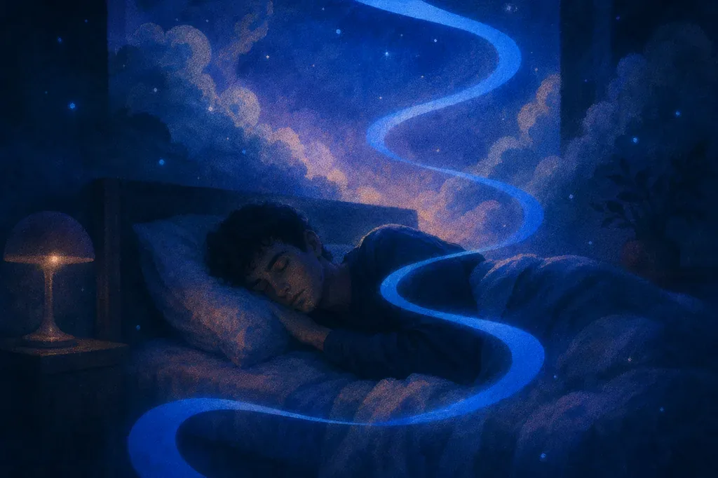 A dream of falling asleep peacefully in a serene bed with soft glowing light.