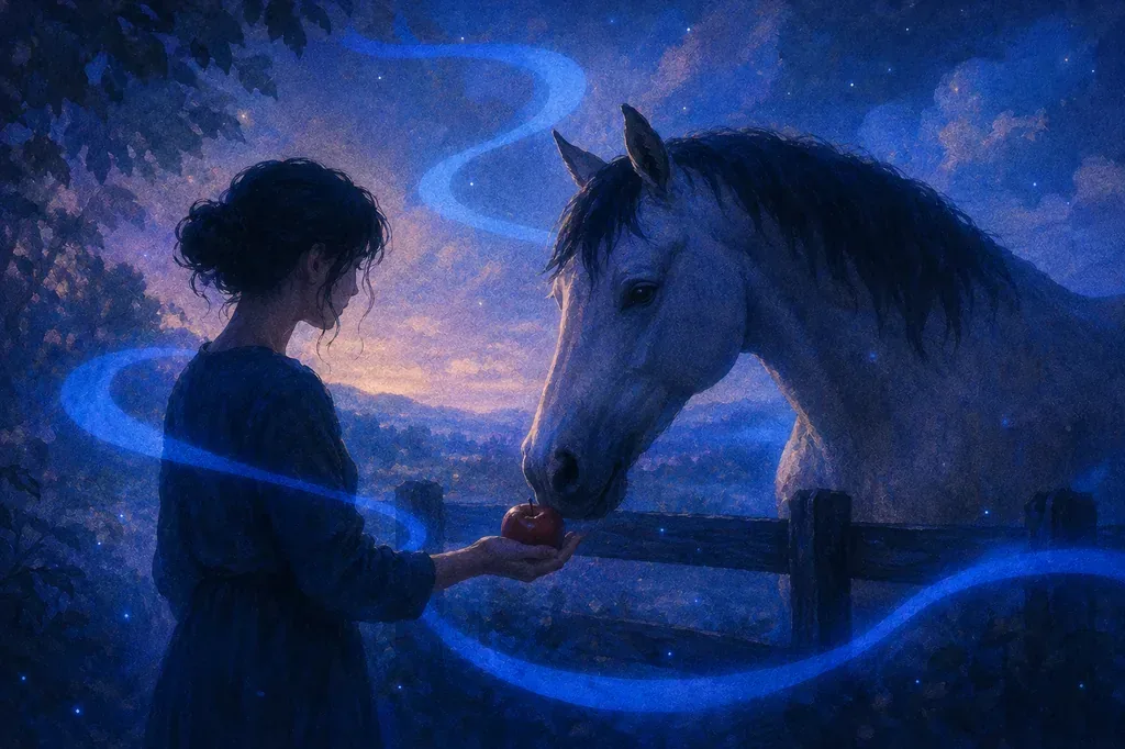 A dream of a woman feeding a white horse a red apple in the moonlight.