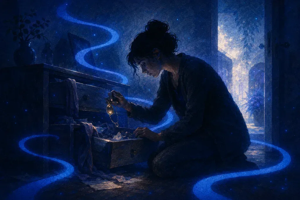 A dream of a woman kneeling, holding a pocket watch, in a dark room with blue glowing lines.