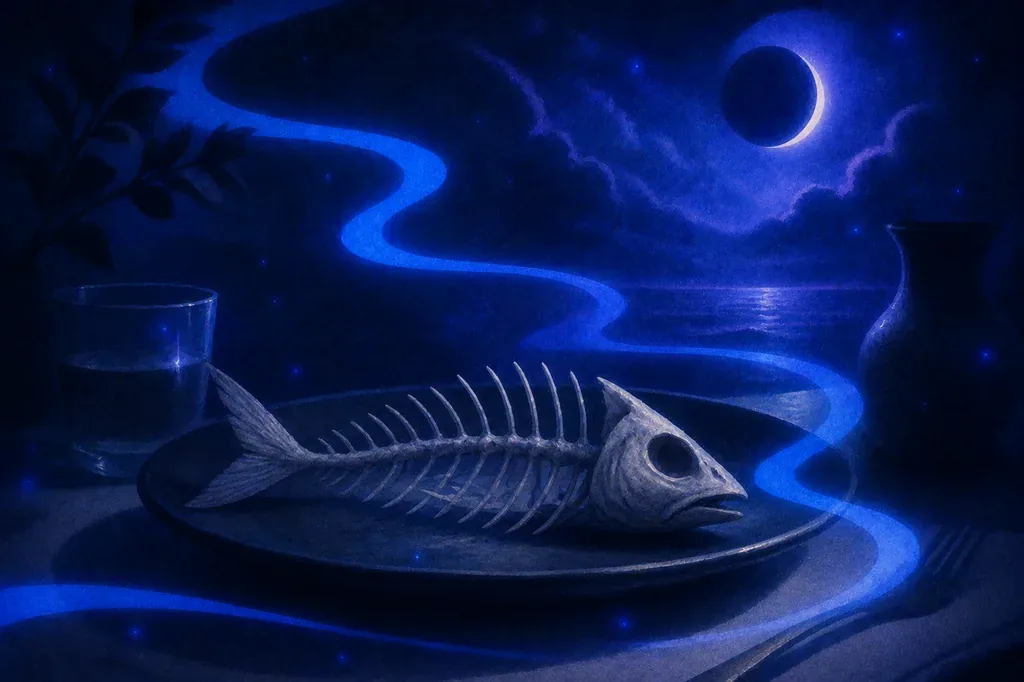 Ein Traum von einem Fischskelett auf einem Teller, leuchtend unter einer dunkelblauen, sternenklaren Nacht.
